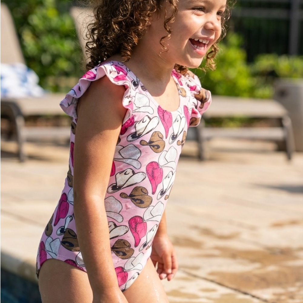 Pink Cowboy Hat Swimsuit Girls 6/7 Western Ruffle One Piece Boutique